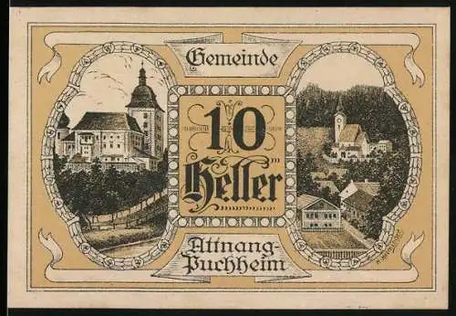 Notgeld Attnang-Puchheim 1920, 10 Heller, Schloss und Kirche in Landschaft