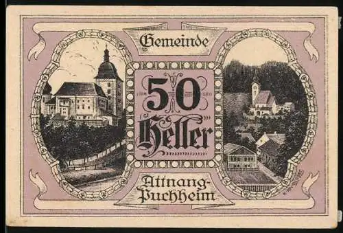 Notgeld Attnang-Puchheim 1920, 50 Heller, Stadtansichten und dekorativer Rahmen