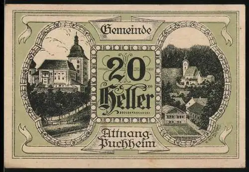 Notgeld Attnang-Puchheim 1920, 20 Heller, Ansichten von Gebäuden und Kirche