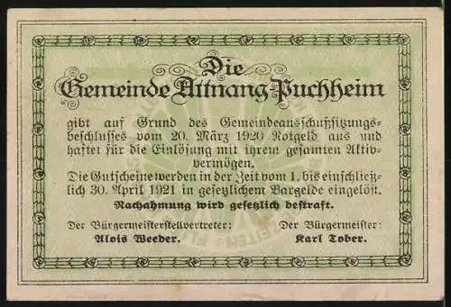 Notgeld Attnang-Puchheim 1920, 20 Heller, Ansichten von Gebäuden und Kirche