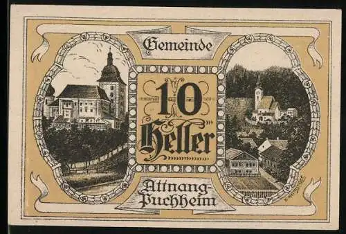 Notgeld Attnang-Puchheim 1920, 10 Heller, Ansichten der Gemeinde mit Gebäuden und Landschaft