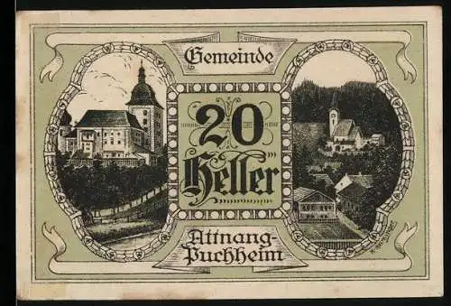 Notgeld Attnang-Puchheim 1920, 20 Heller, Stadtansichten und dekorativer Rahmen