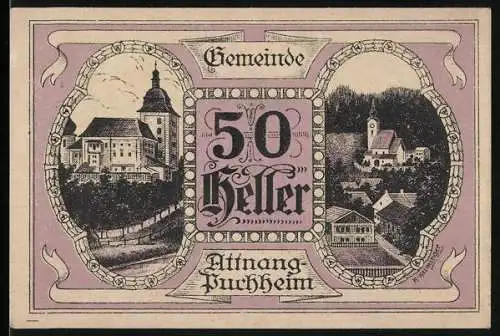 Notgeld Attnang-Puchheim 1920, 50 Heller, Stadtansichten und Gebäude, lila Rahmen