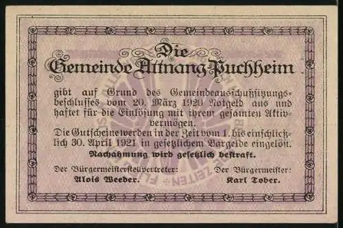 Notgeld Attnang-Puchheim 1920, 50 Heller, Stadtansichten und Gebäude, lila Rahmen