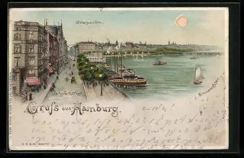 Lithographie Hamburg-Neustadt, Jungfernstieg und Alsterpavillon, Leuchtende Fenster bei Halt gegen das Licht