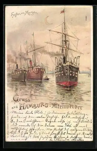 Lithographie Hamburg-Altenwerder, Hafen am Morgen, Schiffe mit leuchtenden Fenstern, Halt gegen das Licht