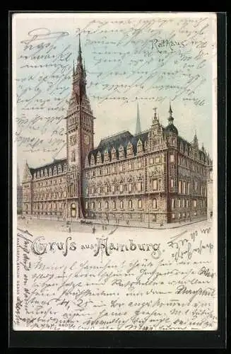 Lithographie Hamburg, Partie am Rathaus, Leuchtende Fenster bei Halt gegen das Licht