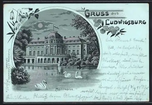 Mondschein-Lithographie Ludwigsburg / Württemberg, Monrepos mit Schwänen bei Nacht