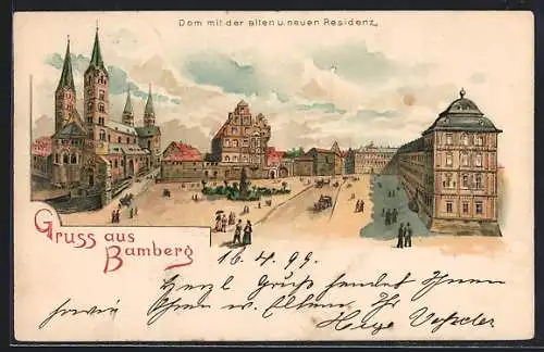 Lithographie Bamberg, Dom mit der alten u. neuen Residenz