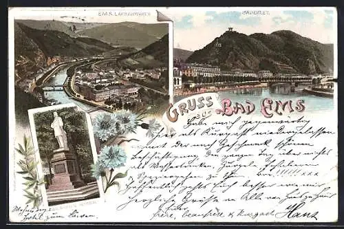 Lithographie Bad Ems, Ortsansicht mit Flusslauf, Concordiaturm, Kaiser Wilhelm Denkmal