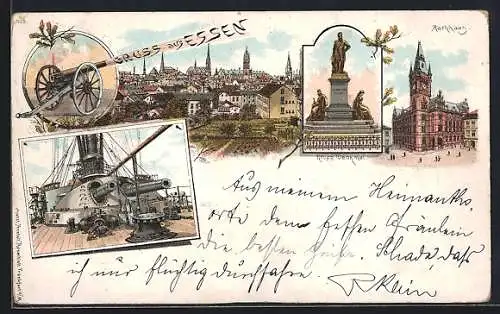 Lithographie Essen / Ruhr, Artilleriegeschütz, Bordgeschütz eines Schiffes und Rathaus