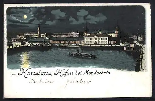 Lithographie Konstanz, Der Hafen bei Mondschein