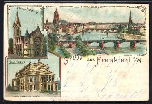 Lithographie Frankfurt /Main, Peterskirche, Opernhaus und Mainansicht