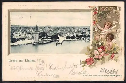 Passepartout-Lithographie Lindau / Bodensee, Blick auf den Hafen, Kinder mit Brief und Rosenranken