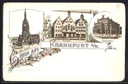 Lithographie Frankfurt a. M., Römer, Dom und Opernhaus