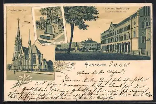 Lithographie Hannover, Lyceum, Realschuloe und Kriegerdenkmal, Gartenkirche