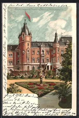 Lithographie Regensburg, Fürstliches Schloss Thurn und Taxis mit Wappen