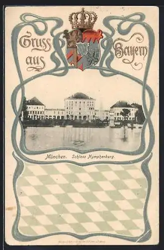 AK München, Das Schloss Nymphenburg, Passepartout mit bayrischem Wappen