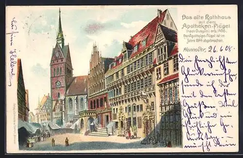 Lithographie Hannover, Altes Rathaus mit dem Apotheken-Flügel