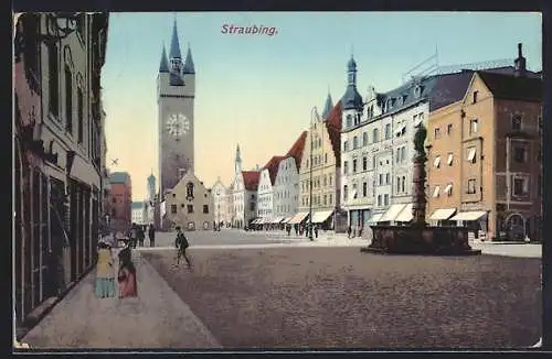 AK Straubing, Strassenpartie mit Kirche und Brunnen