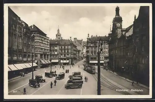 AK Pforzheim, Marktplatz mit Gschäften und Strassenbahn