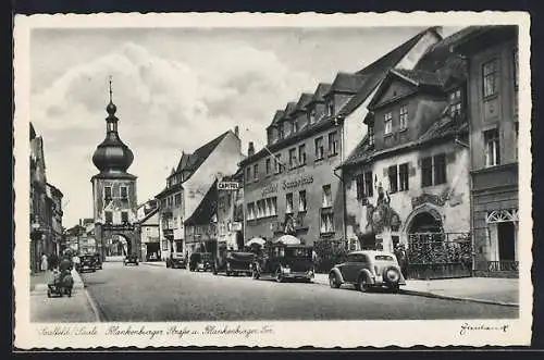 AK Saalfeld /Saale, Blankenburger Strasse mit Gasthof Gambrinus und Blankenburger Tor