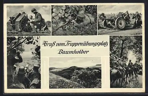 AK Baumholder, Truppenübungsplatz, Soldaten mit Maschinengewehr und auf Pferden, Panorama