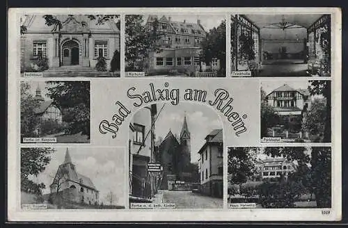 AK Bad Salzig am Rhein, Badehaus, Kurhotel, Trinkhalle, Parkhotel, Ev. Kapelle und Kath. Kirche, Haus Helvetia