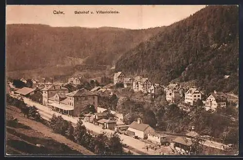 AK Calw, Blick auf Bahnhof und Villenkolonie