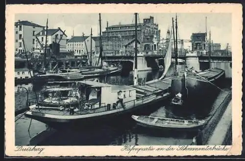 AK Duisburg, Hafenpartie an der Schwanentorbrücke mit Schiff u. Boot