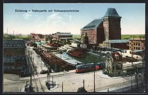 AK Duisburg, Strassenbahn auf der Schwanentorbrücke, Blick zum Hafen