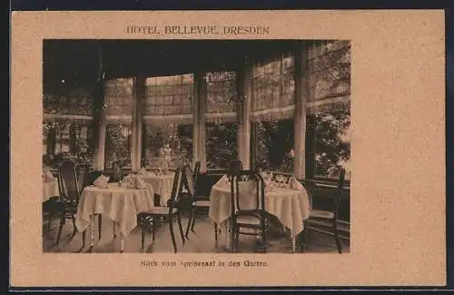 AK Dresden, Hotel Bellevue, Blick vom Speisesaal in den Garten, Innenansicht