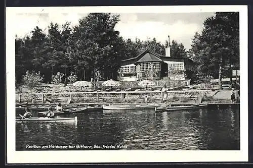 AK Gifhorn, Pavillon am Heidesee, Bes. Friedel Kuhls, Kanus