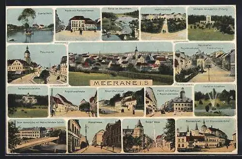 AK Meerane i. S., Gondelteich, Wettinerplatz, Bergstrasse, Ferienkolonieheim, Neumarkt und Alberthain