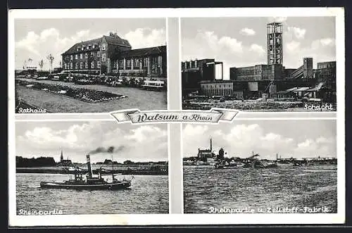 AK Walsum a. Rhein, Rhein-Partie und Zellstoff-Fabrik, Schacht und Rathaus, Kohle