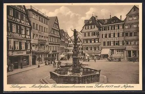 AK Tübingen, Marktplatz mit Geschäften und Renaissancebrunnen mit Neptun