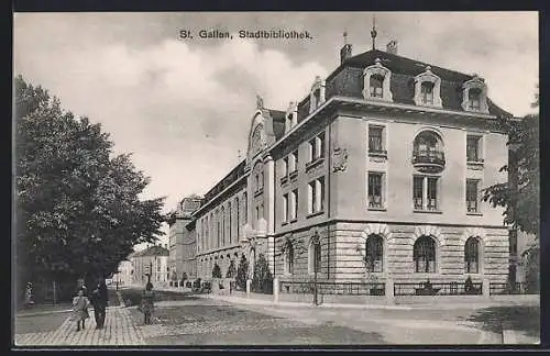 AK St. Gallen, Stadtbibliothek mit Strassenpartie