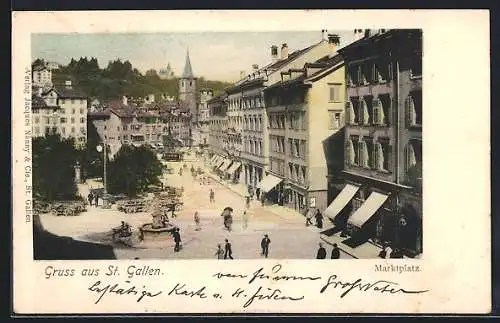 AK St. Gallen, Marktplatz mit Brunnen