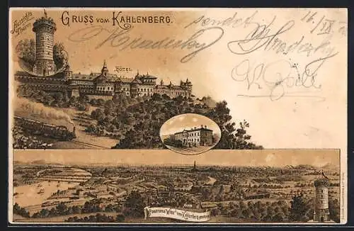 Lithographie Wien, Hotel, Aussichtsturm, Panorama vom Kahlenberg gesehen