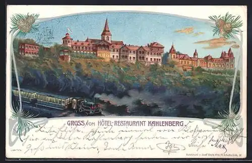 Lithographie Wien, Eisenbahn am Hotel-Restaurant Kahlenberg