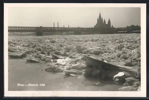 AK Wien, Eisstoss 1929, Reichsbrücke mit Eisschollen