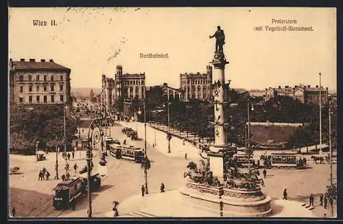 AK Wien, Nordbahnhof mit Tegethoff-Monument, Strassenbahnen