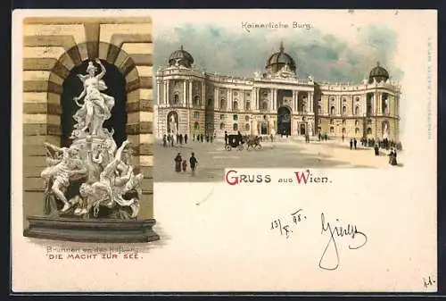 Lithographie Wien, Hofburg, Brunnen Die Macht zur See