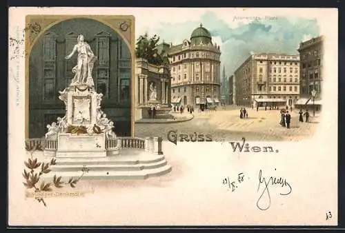 Lithographie Wien I, Albrechtsplatz und Mozart Denkmal