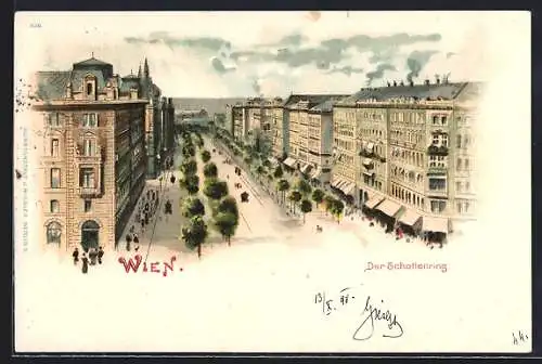 Lithographie Wien, Schottenring aus der Vogelschau