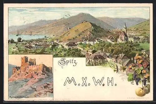 Lithographie Spitz, Gesamtansicht und Ruine Hinterhaus