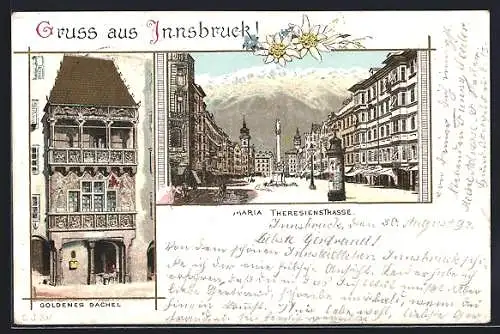 Lithographie Innsbruck, Goldenes Dachel und Maria Theresienstrasse mit Edelweiss