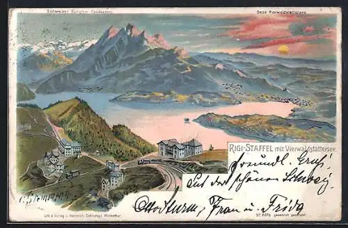 Künstler-AK C. Steinmann: Rigi-Staffel, Panorama mit Vierwaldstättersee