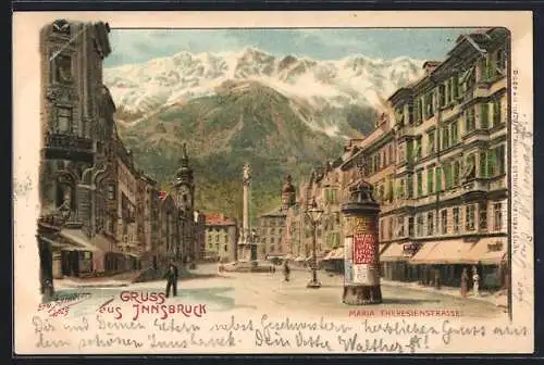 Künstler-AK Erwin Spindler: Innsbruck, Maria Theresienstrasse, Geschäfte, Litfasssäule