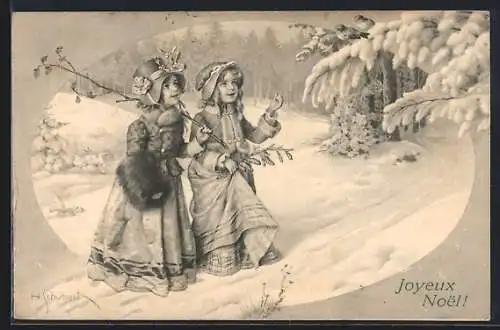 Künstler-AK H. Schubert: Zwei junge Mädchen mit Zweigen im Schnee, Weihnachtsgruss